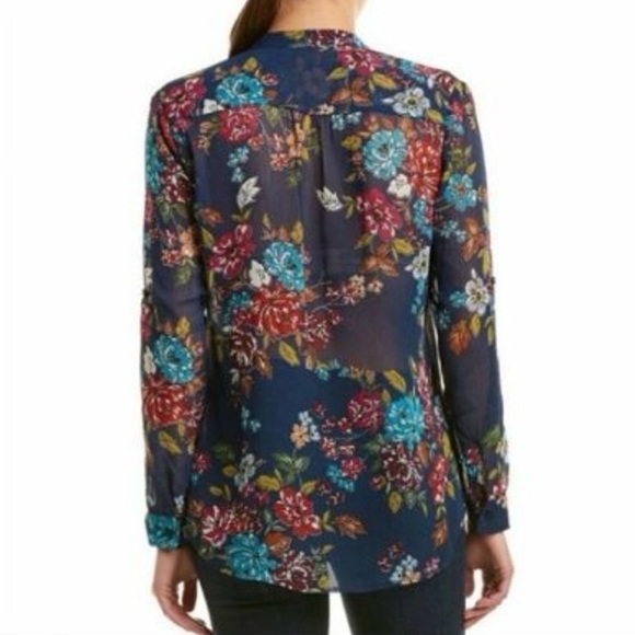 Kut from the Kloth Navy Floral Sheer Sinclaire Button Down Blouse Size Large - Picture 2 of 15